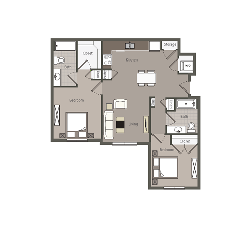 Floor plan for 2 beds, 2 baths, 925 sqft